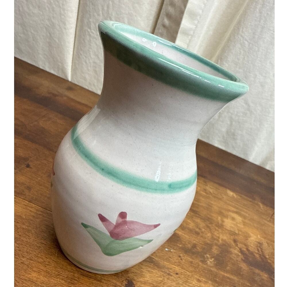 Hand-Painted Studio Art Pottery Vase Stamped Red Bird Floral Design Pink & Green